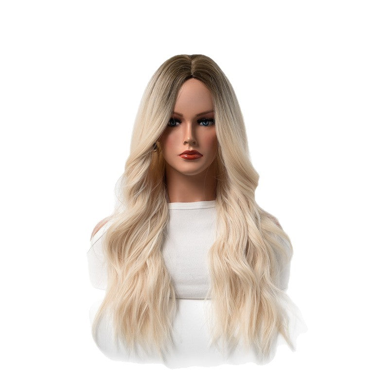Women's Wavy Curly Hair Head Cover Golden Wig Long Curls