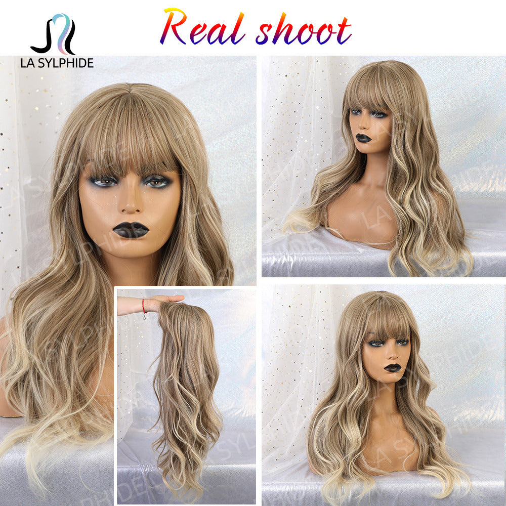 Female Mechanism Synthetic Wigs Golden Gray Bangs Curly Wig Long Curls