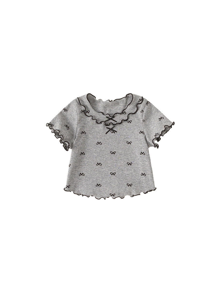 Children's Clothing Korean Style Bow Clothes Summer Shirt Lacework Short Children's T-shirt