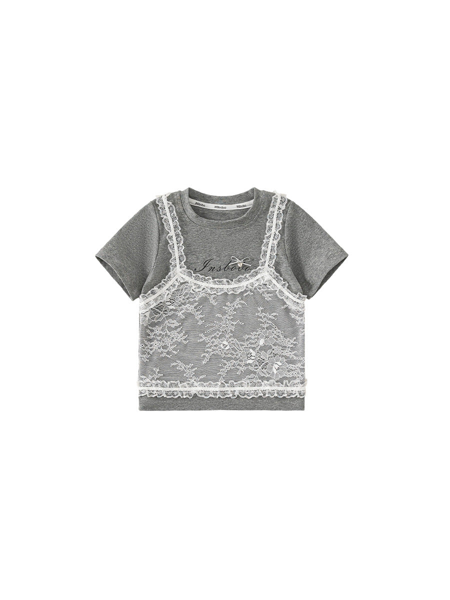 Children's Fake Two-piece Lace Stitching Short Sleeve Summer Sweet Cool Style Children's T-shirt