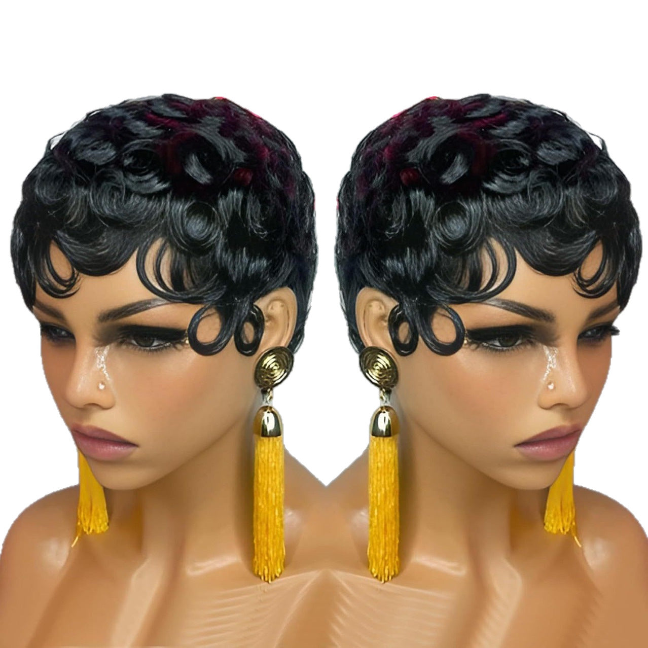 Durable Graceful Retro Black Roll Head Wig Short Curly Hair