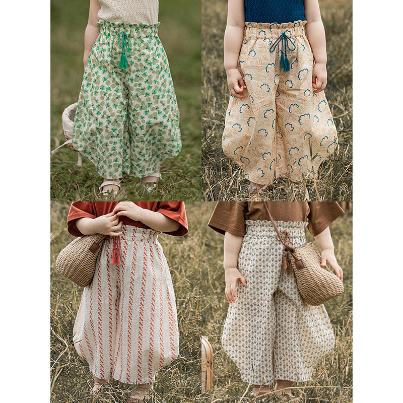 Woven Summer Thin Vintage Floral Ankle Banded Cute Children's Pants