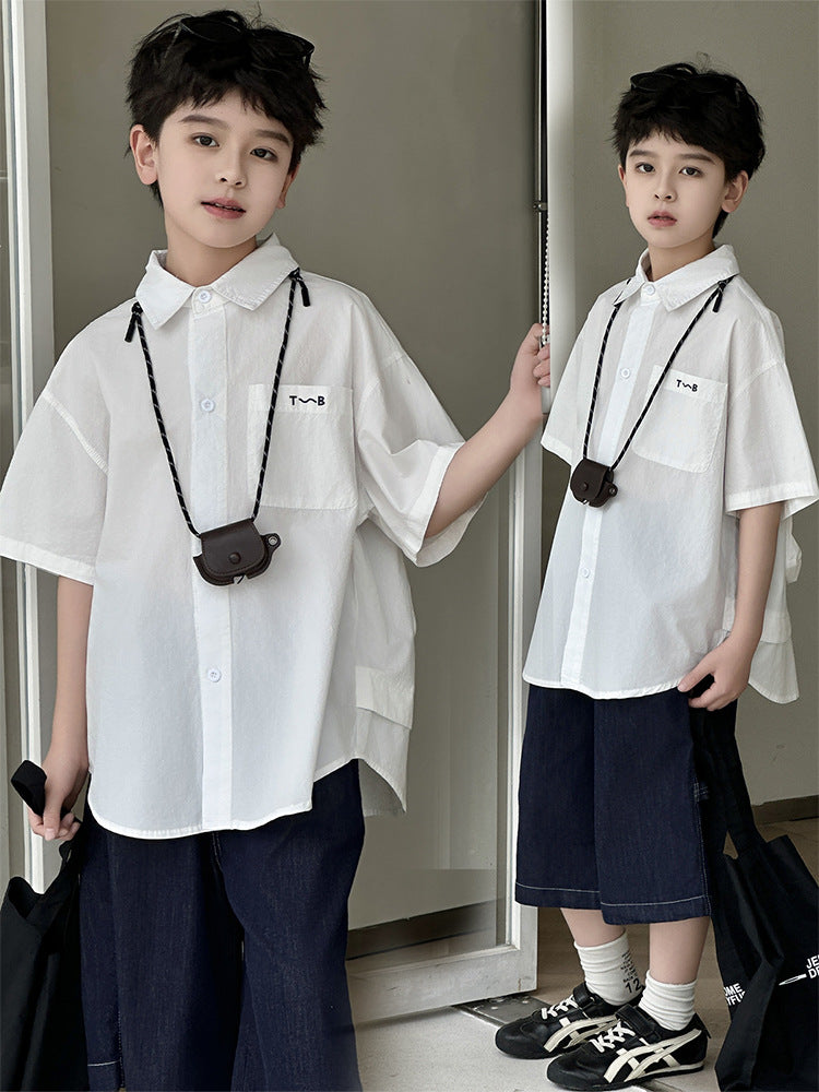 Print Top Summer Pu Back Big Pocket Children's Shirt