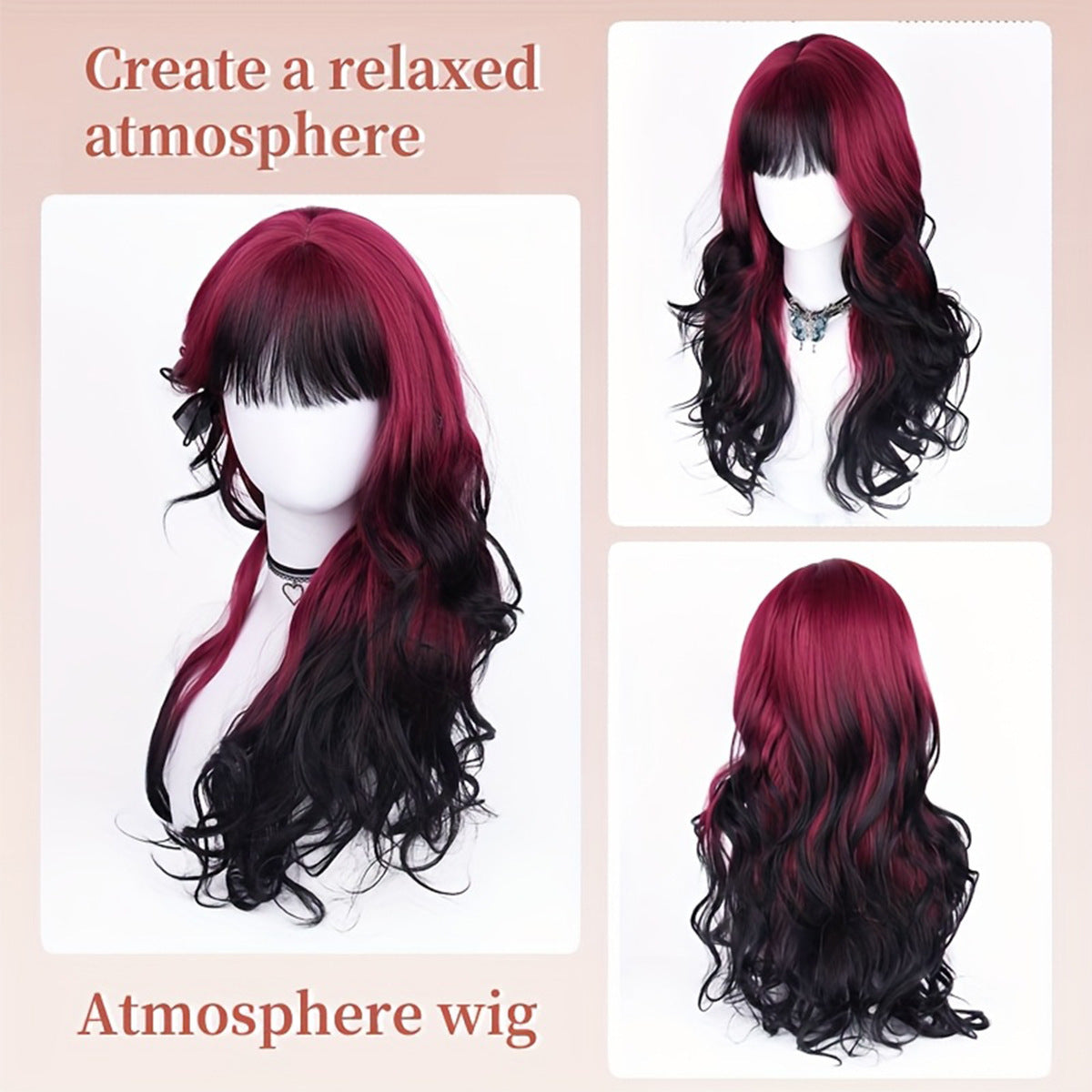 Women's Highlight Gradient Black Red Gothic Style Big Wave Head Cover Wig Long Curls