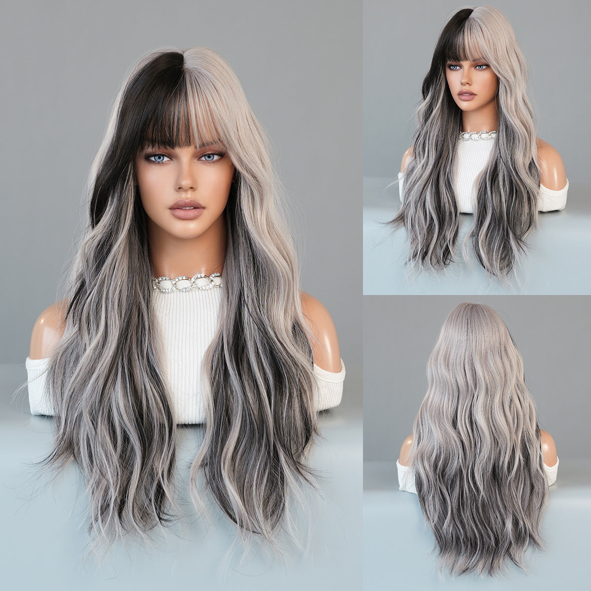 Women's Hair Sier Gray Highlight Full Head Big Wave Wig Long Curls