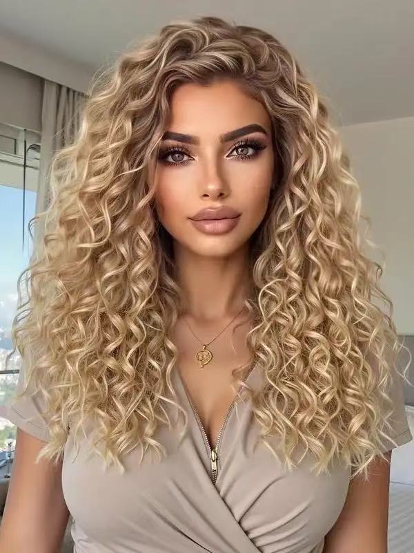 African Small Curly Hair Front Lace Medium Chemical Fiber Wig Long Curls