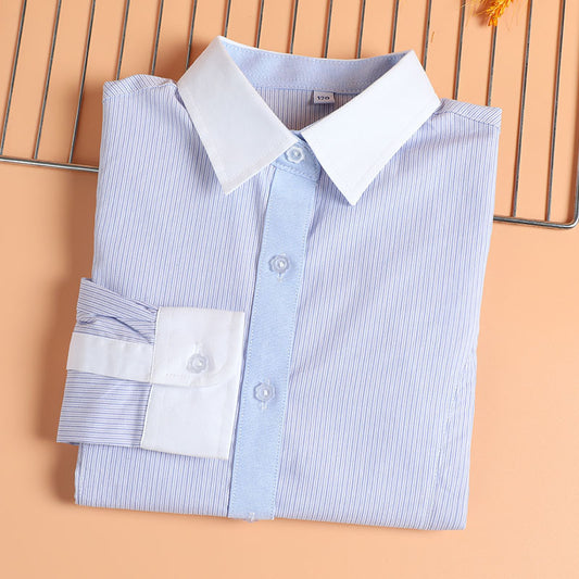 Striped Long-sleeved Cotton White Collar Middle Large Primary School Uniform Children's Shirt