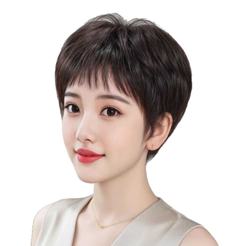 Women's Woven Double Delivery Needle Short Straight Head Cover Real Hair Wig