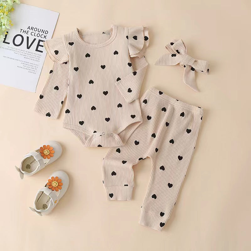 Heart Printing Romper Long-sleeved Trousers Bow Jumpsuit, Climbing Suit