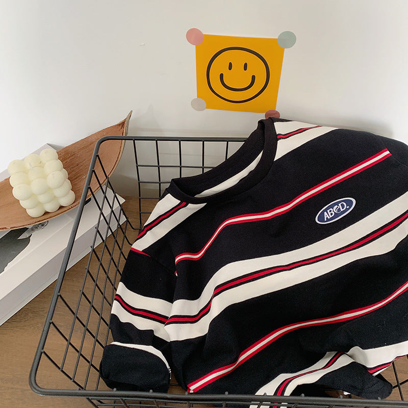 Children's Striped Contrast Color Fashionable T-shirt Long Sleeve Loose Casual Top Children's Shirt