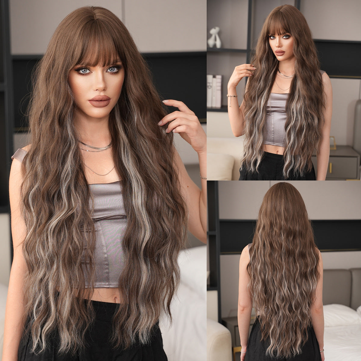 Hair Bangs Brown Dyed Gray Heat Wig Long Curls