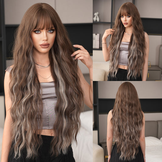 Hair Bangs Brown Dyed Gray Heat Wig Long Curls