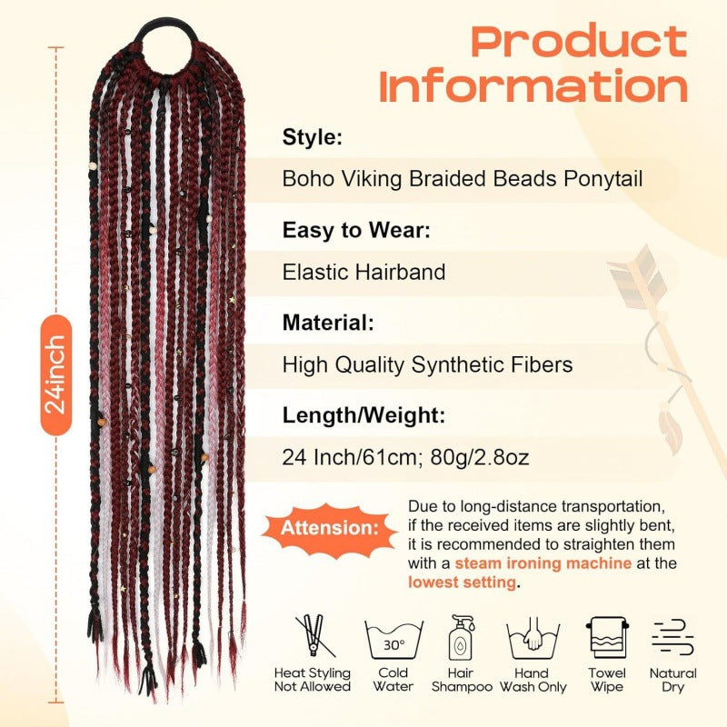 Braided Horse Tail Beads Hand-woven Braid Dreadlocks Wig Ponytail