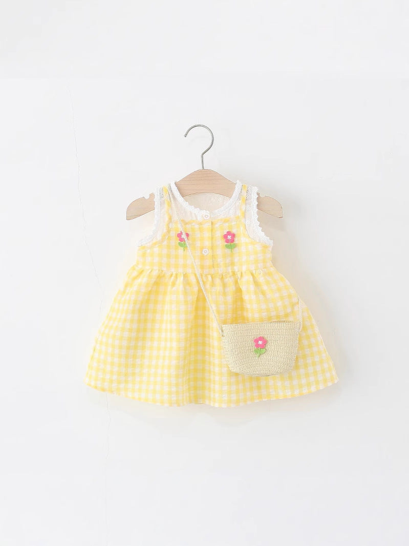 Children's One-piece Summer Fake Two-piece Plaid Small Flower Princess Children's Dress