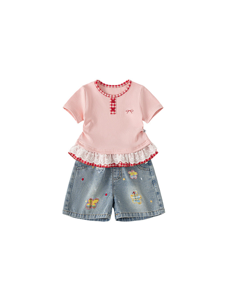 Children's Woven Clothing Clothes Korean Style Summer T-shirt Jeans Two-piece Set Children's Suit