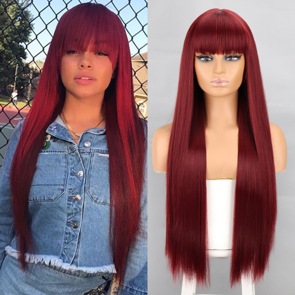 Women's Fashion Inch Light Golden Bangs Hair Long Straight Wig