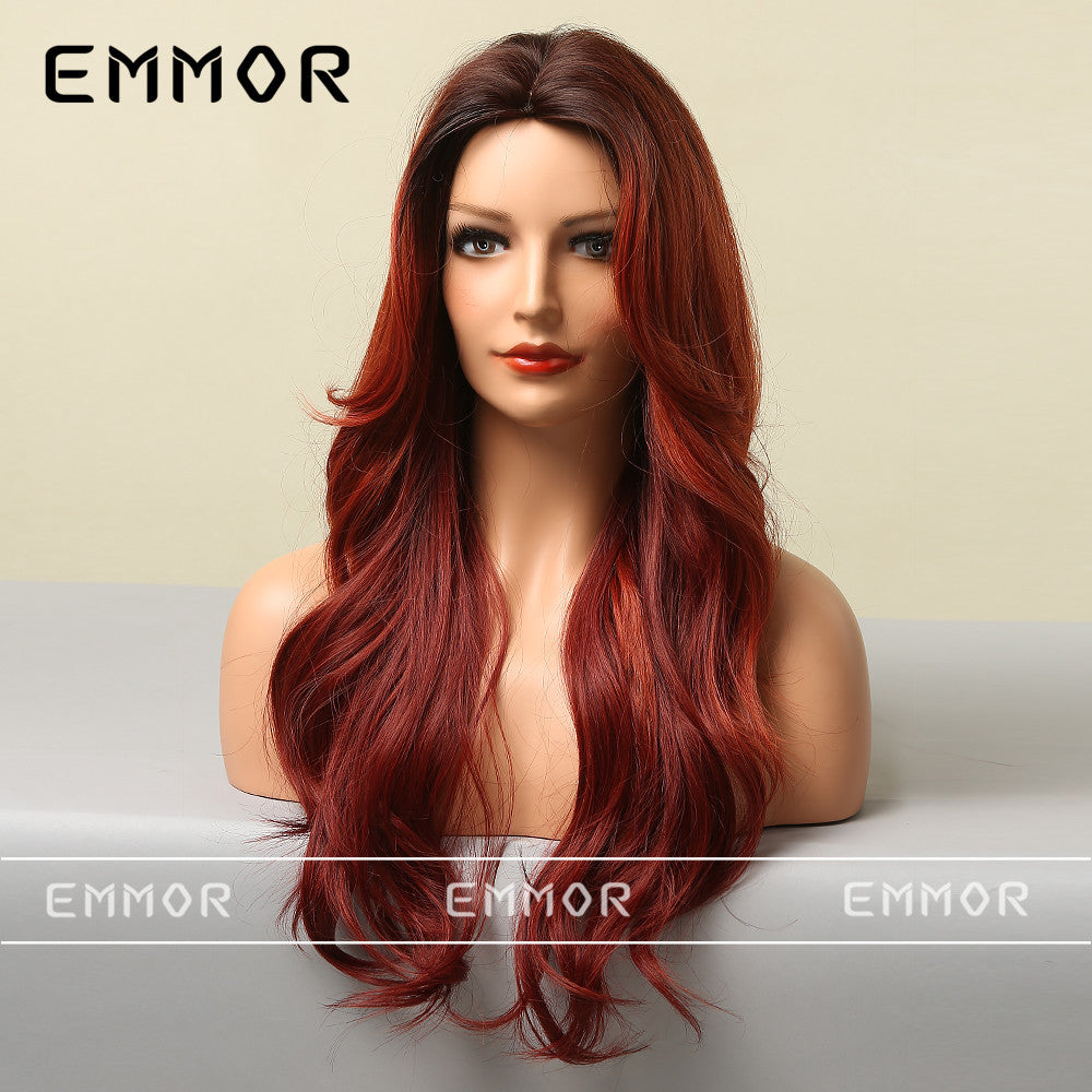 Medium Gradient Red Big Wave Curly Head Wig Long Curls