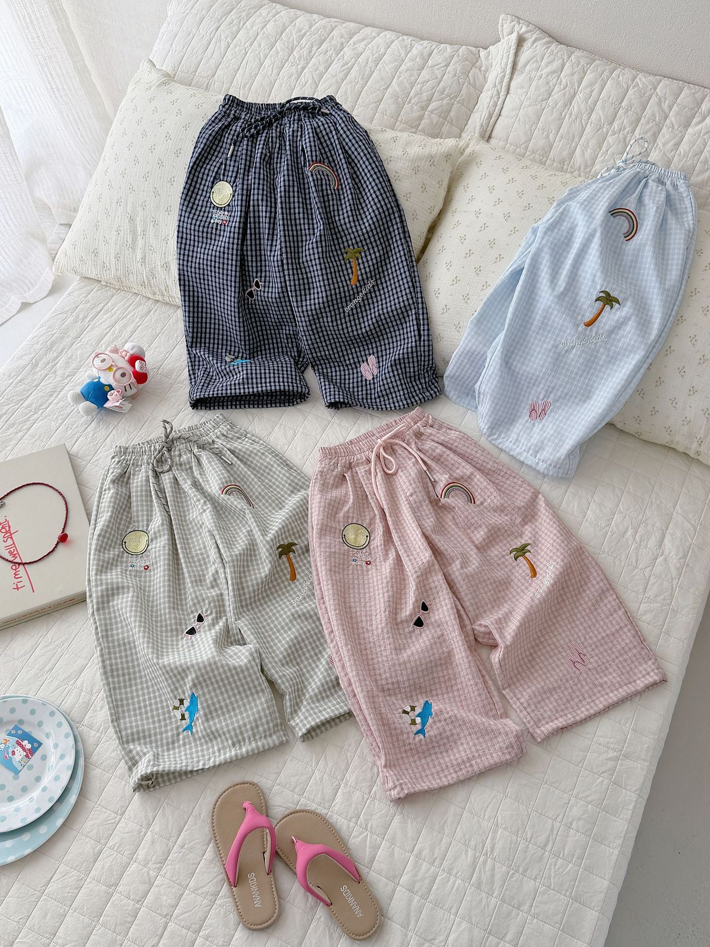 Children's Summer Plaid Casual Beach Style Embroidered Loose Anti Children's Pants