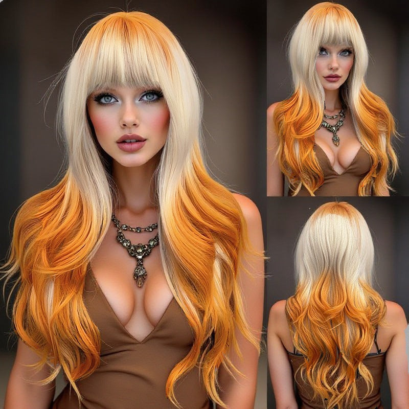 Women's Coffee Pink Gradient Headgear Chemical Fiber Wig Long Curls