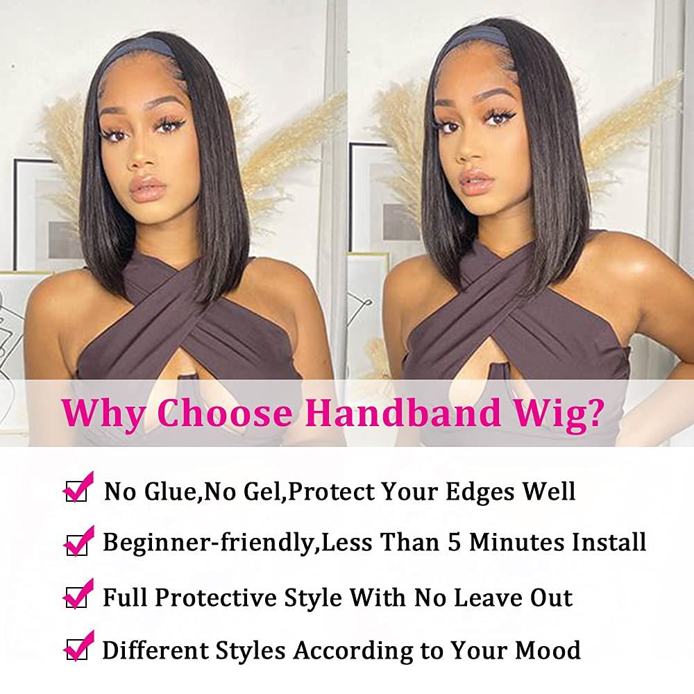Women's Black Ice Ribbon Inner Buckle Head Wig Short Straight Hair