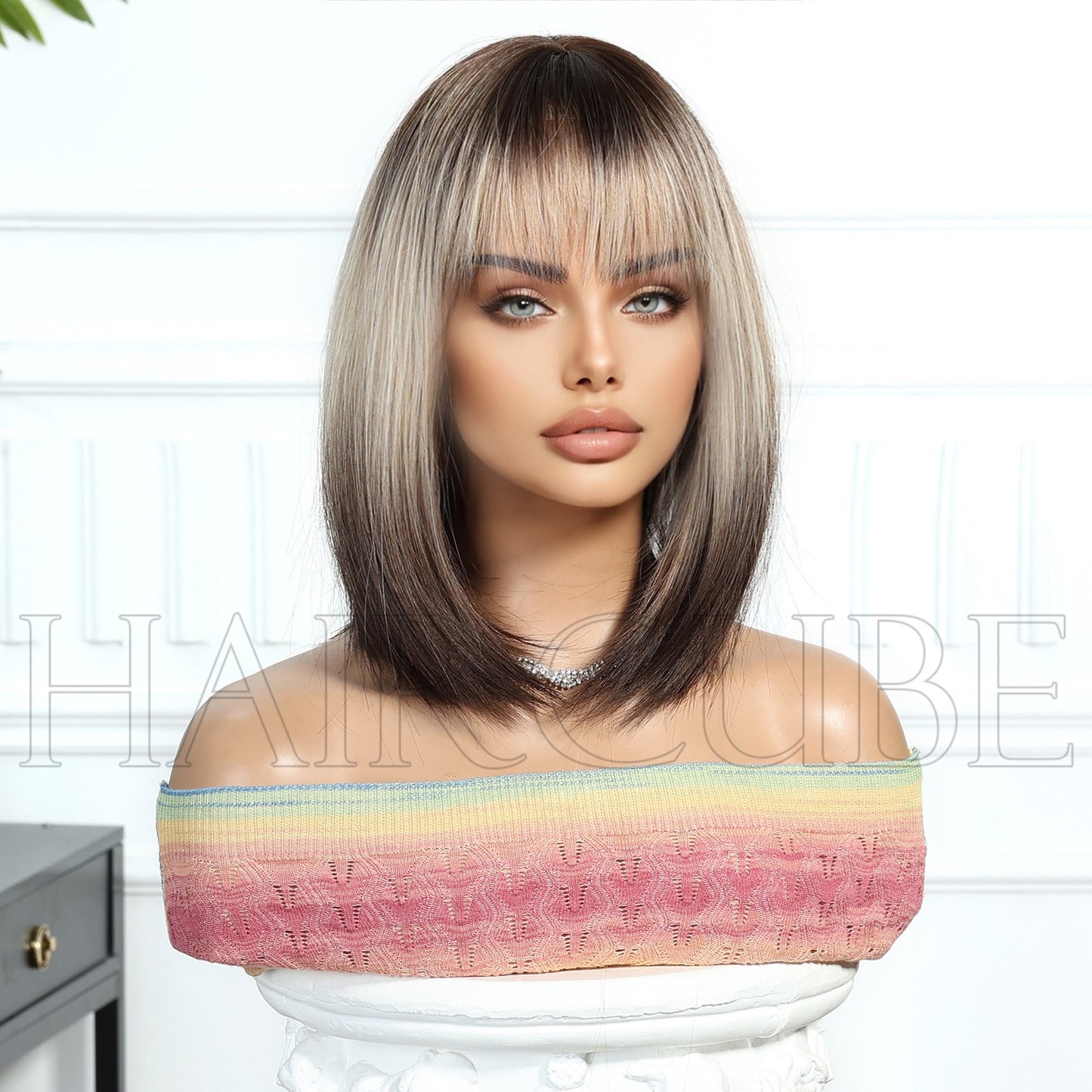 Pretty Head Cover Gradient Wave Bangs Wig Short Straight Hair