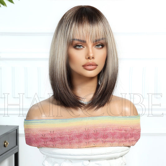 Pretty Head Cover Gradient Wave Bangs Wig Short Straight Hair