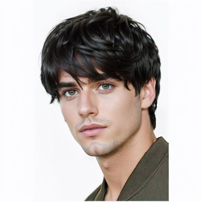 Men's Hair Brown Fluffy Black Curly Side Bangs Men's Wig