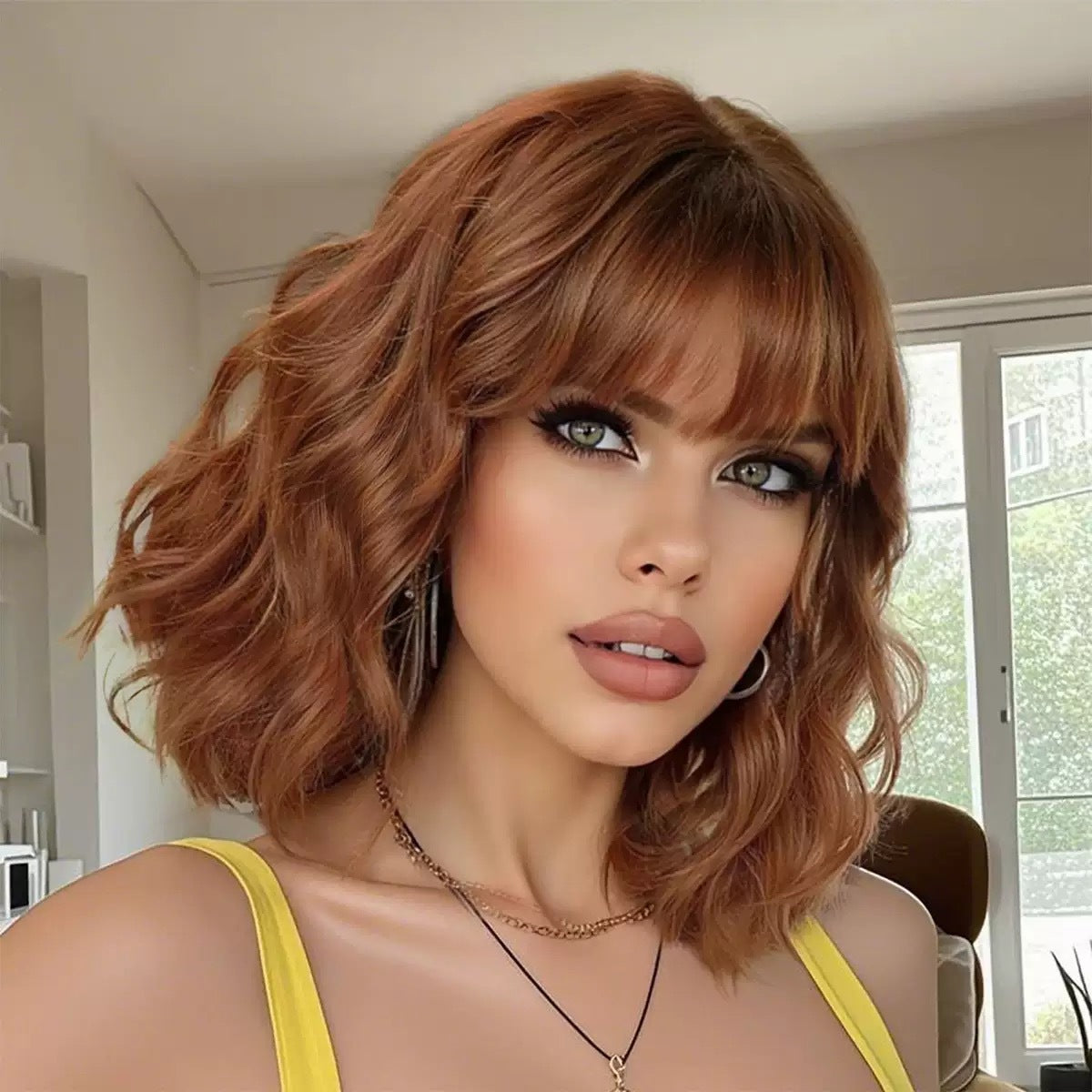 Women's Mid-length Straight Bangs Water Ripple Fashion Wig Short Curly Hair