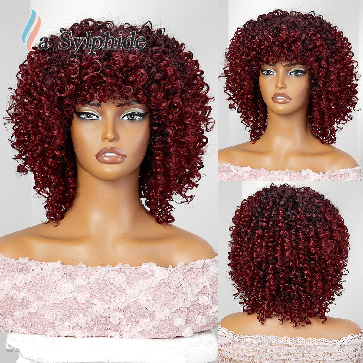 Bangs Orange Highlight Color Mixing Machine Wig Short Curly Hair