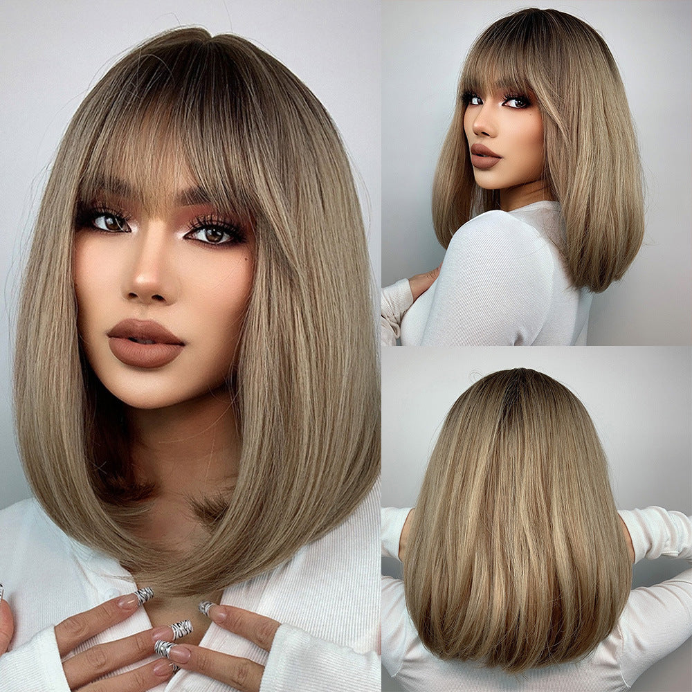 Women's Bangs Black Gradient Brown Medium Long Wig Short Straight Hair