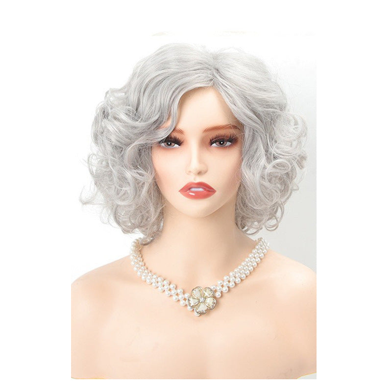 Women's Stage Performance Headgear Granny Grey Special Wig Short Curly Hair