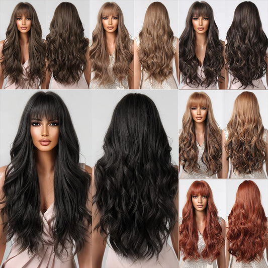 Fringe Curly Hair Highlights Brown Big Wave Wig Long Curls
