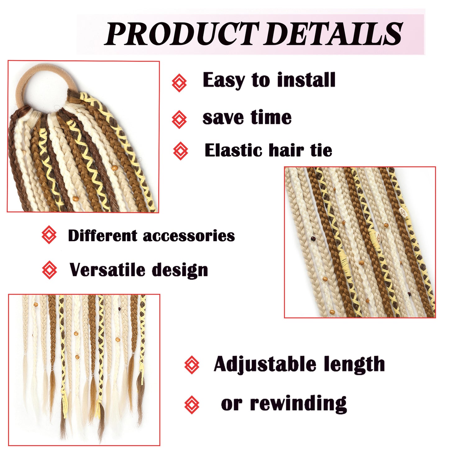 Wool Lock Beads Horse Tail Handmade Braid Hair Ring Hand-woven Wig Ponytail