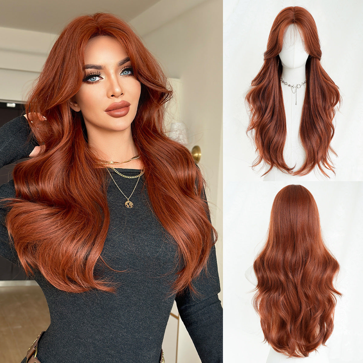 Orange Bangs Hair Big Wave Fluffy Lifelike Daily Wig Long Curls