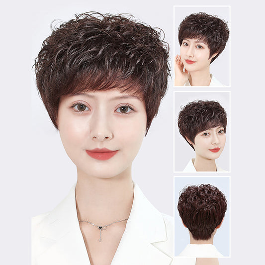 Mother's Head Cover Full Styling Roll Hand-woven Fluffy Gray Real Hair Wig