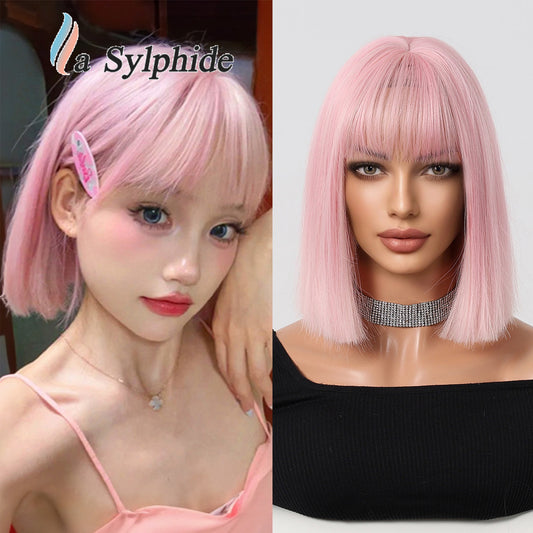 Women's Head Cut Pink Bangs Universal Halloween Wig Short Straight Hair