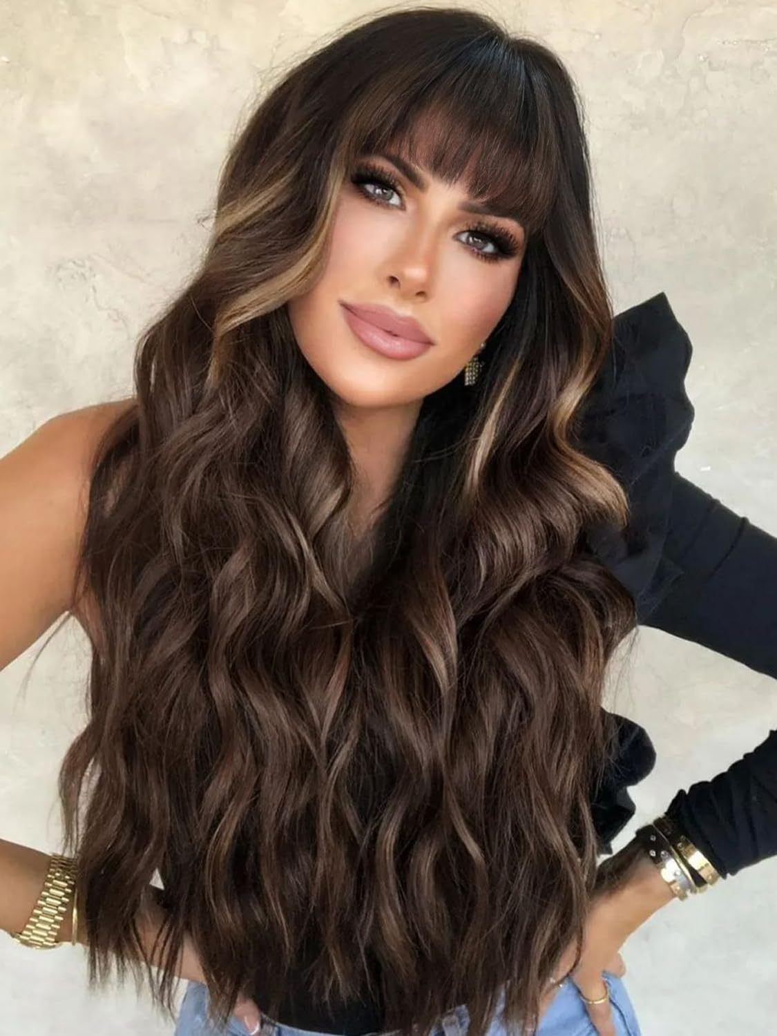 Black Gradient White Straight Bangs Big Wave Curly Hair Wig Long Curls