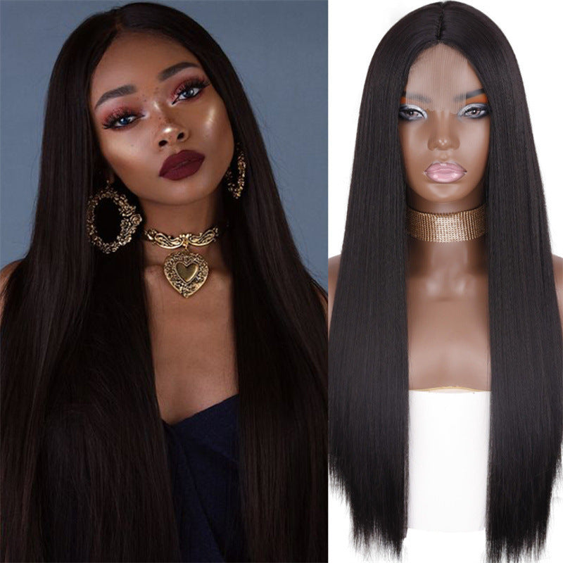 Women's Black Hair African Medium Chemical Fiber Long Straight Wig