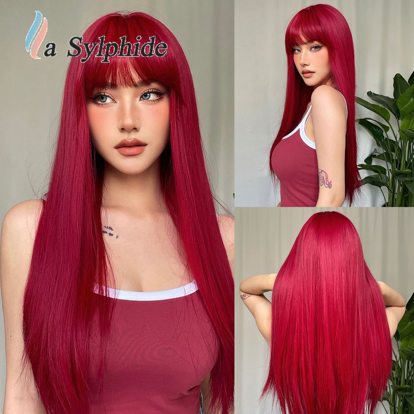 Female Air Bangs Brown Gradient Golden Long Straight Wig