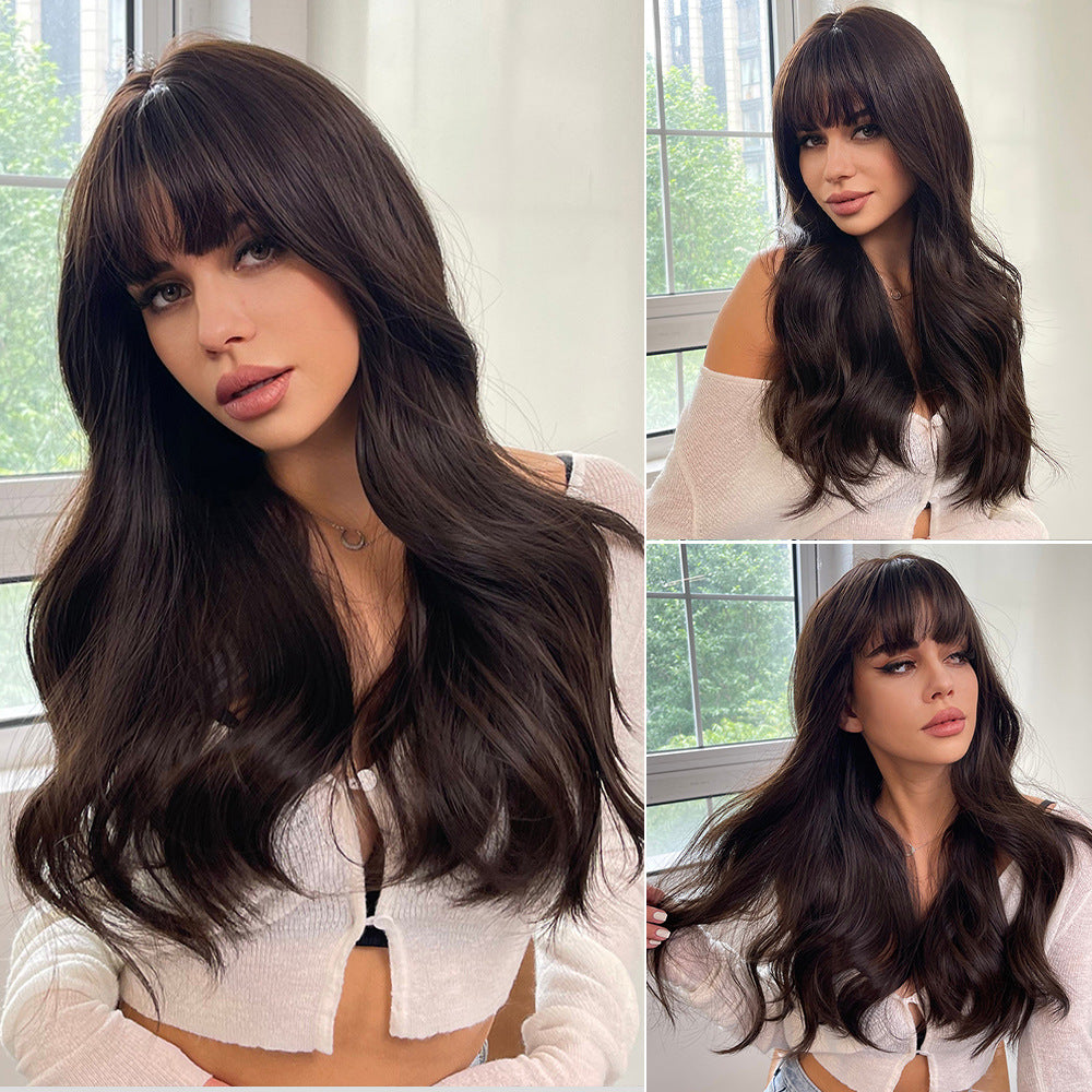 Women's Brown Wigs With Bangs Wave Synthetic Long Straight Wig