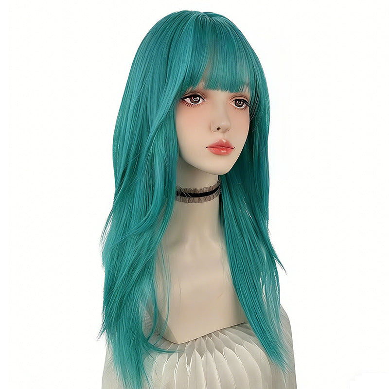 Women's Green Hair Full Top Simulation Invisible Long Straight Wig