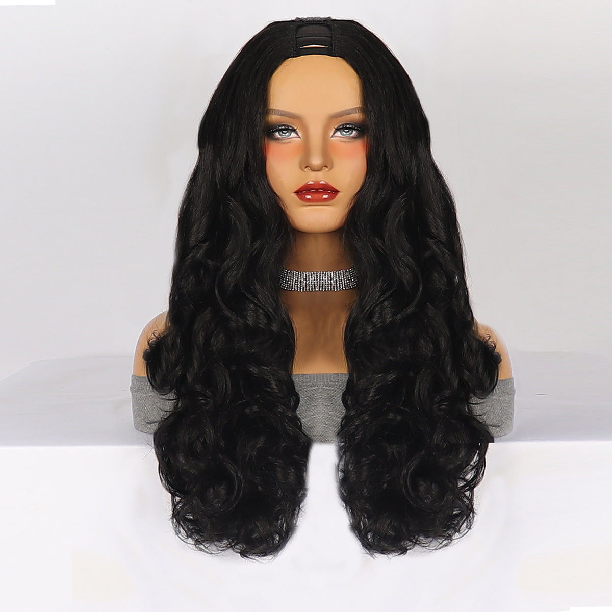 Women's Chemical Fiber Half Headgear Black Fluffy Wig Long Curls