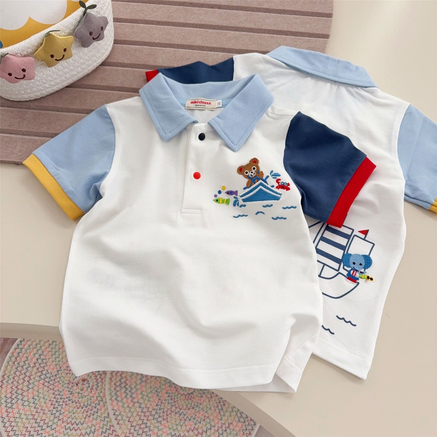 Children's Blue Collar Embroidered Lapel Short-sleeved Summer Color Children's T-shirt