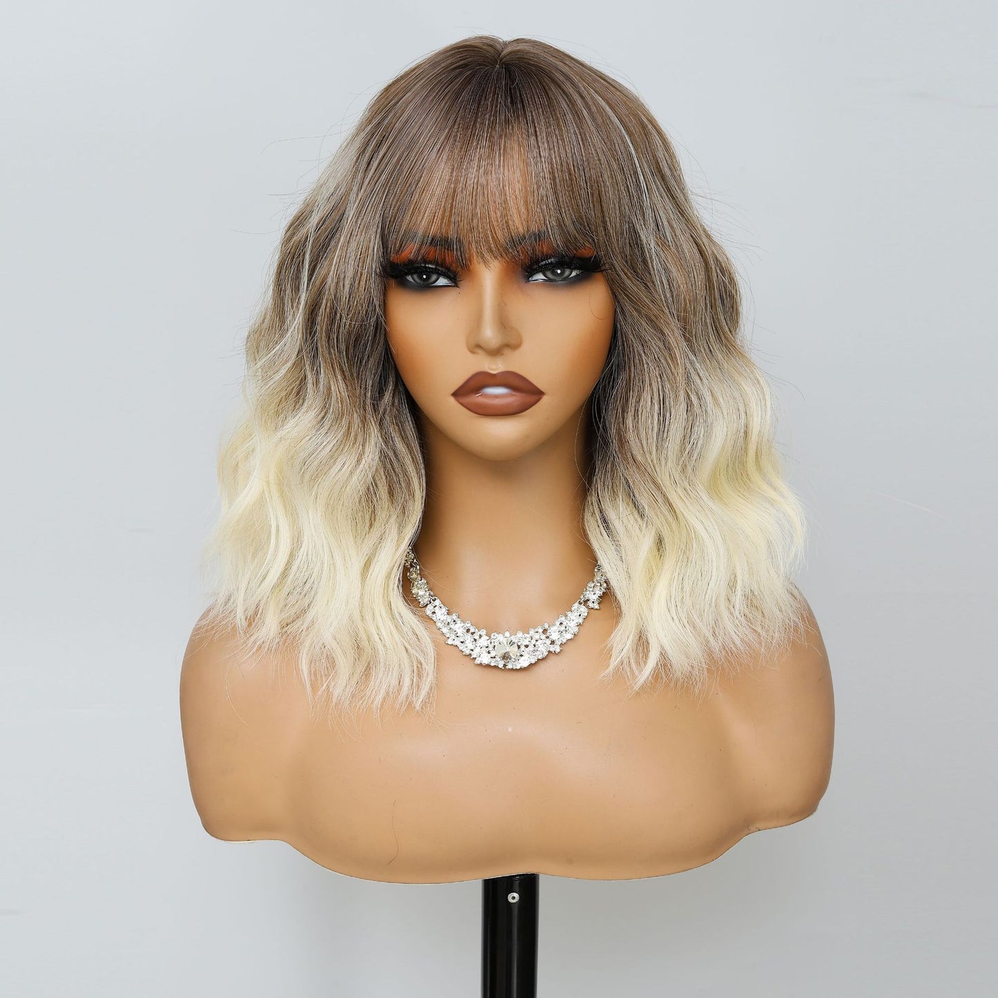 Women's Inch Wine Red Wave Head With Bangs Wig Short Curly Hair