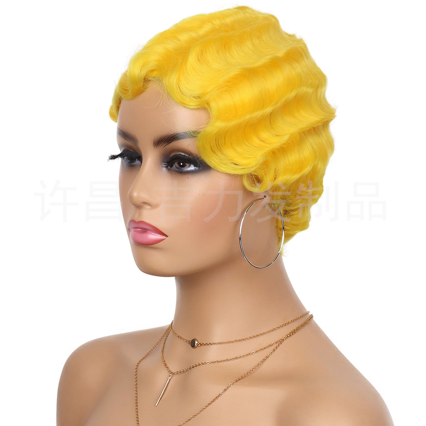 Head Cover Vintage Water Ripple Synthetic Wig Short Curly Hair