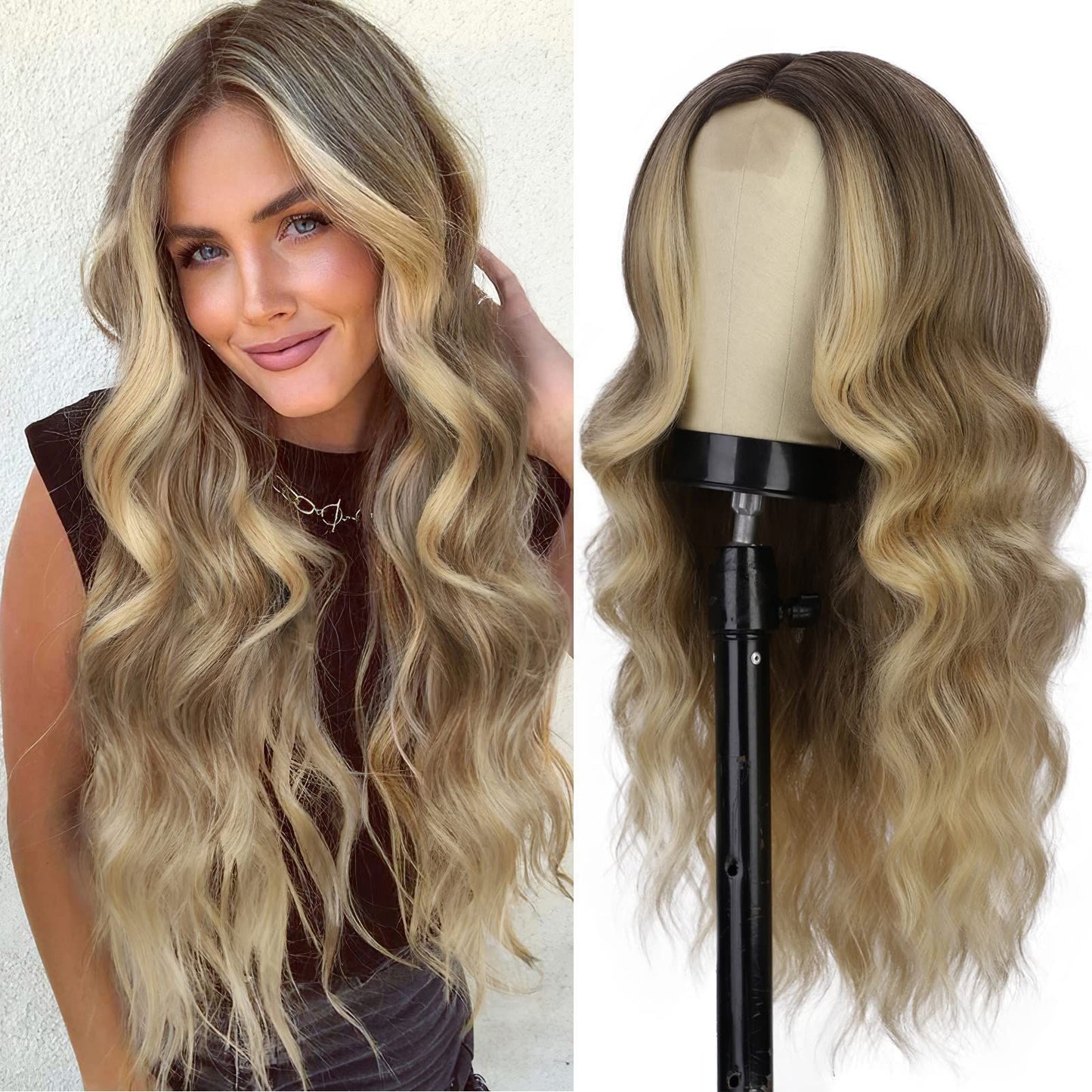 Gradient White Gold Female Middle Curly Synthetic Wig Long Curls