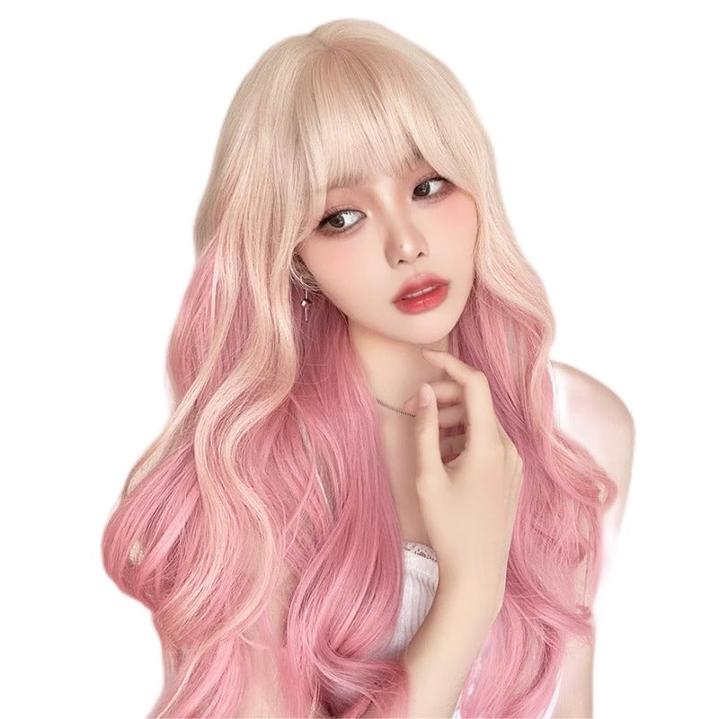 Pink Platinum Color Gradient Curly Hair Straight Big Wave Full Wig Long Curls