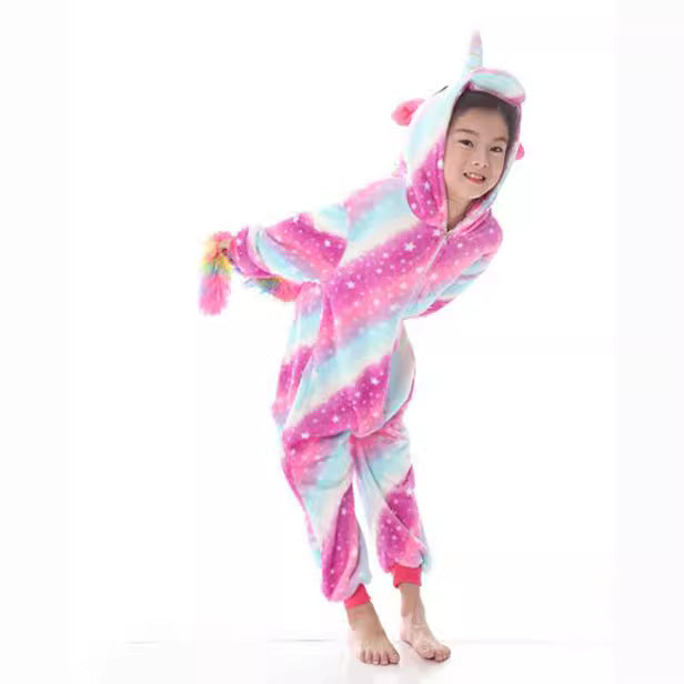Children's Cartoon Animal One-piece Pajamas Rainbow Flannel Lion Cute Long Jumpsuit, Climbing Suit