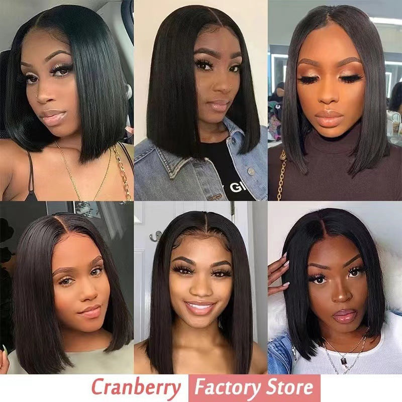Medium Black Wave Head Cover Front Wig Short Straight Hair