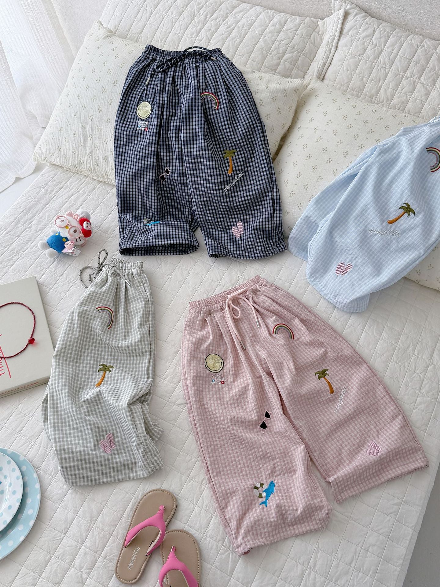 Children's Summer Plaid Casual Beach Style Embroidered Loose Anti Children's Pants